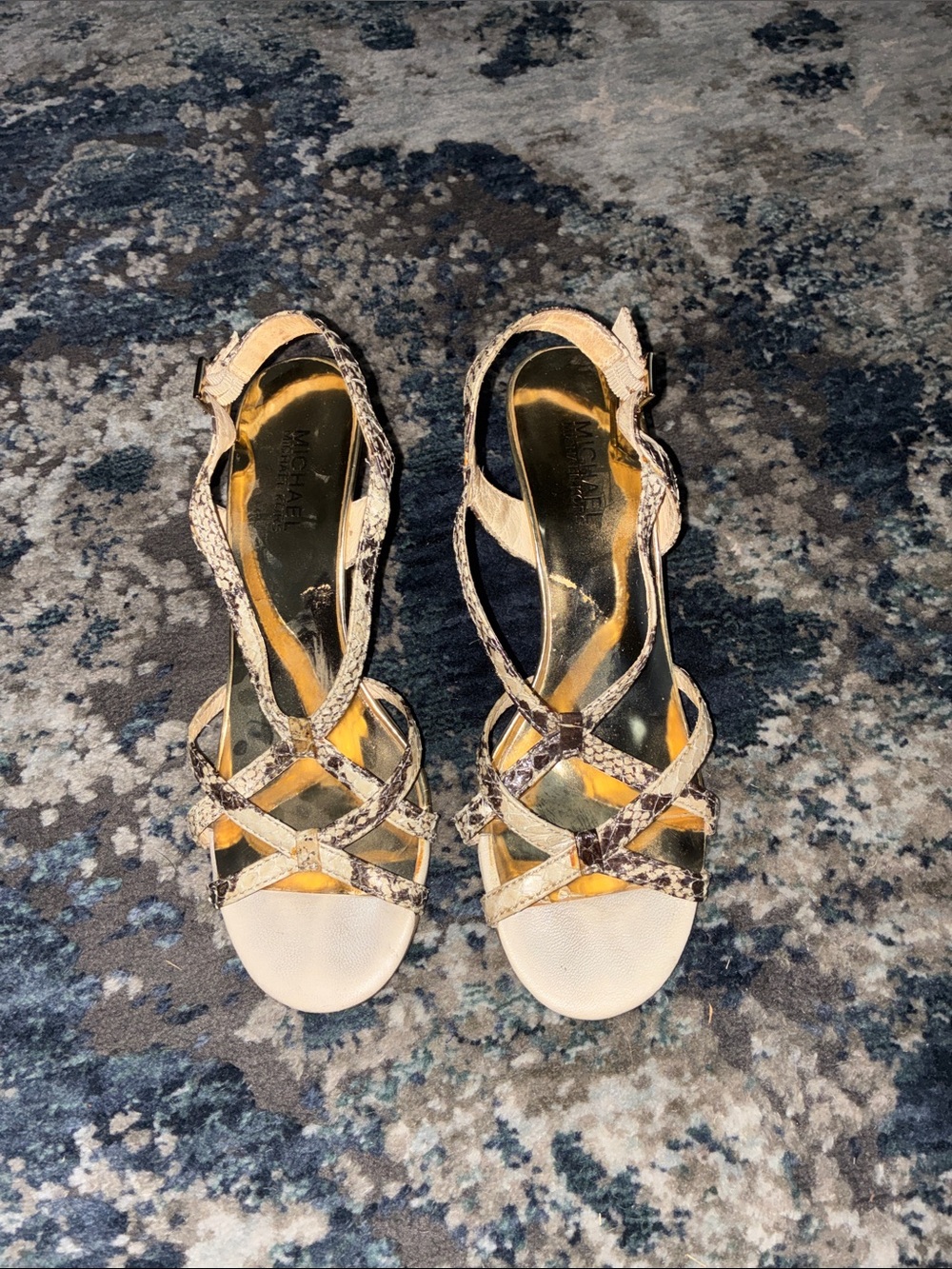 Michael Kors Gold-Tone & Beige Snake-Print Strappy Heels